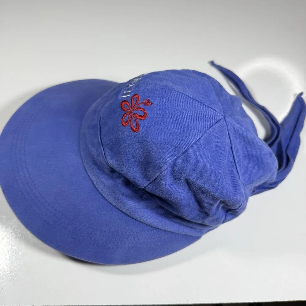 Hawaiian Headwear Vintage Hawaii Sun Hat Blue Canvas Wide Brim Floral Tie Back